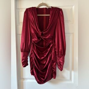 Glamaker Twist Front Ruched Satin Dress - color maroon - size M